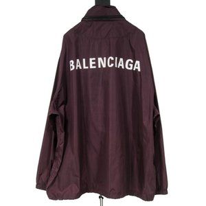 Balenciaga Mens Logo Windbreaker 54 XL Maroon Nylon Hooded Rain Jacket Parka